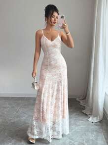 Rafferiza Women's Floral Lace Elegant Long Dress, Spaghetti Strap, Summer - Multicolor - View 3