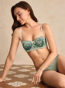 Charlaine Romantic Lace Bow Decor Lingerie Set Elegant - Green - View 4
