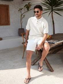 Manfinity Homme 男士休闲纯色部分纽扣门襟 Polo 领短袖针织上衣