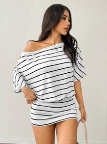 SHEIN EZwear 女士条纹撞色短袖露背迷你连衣裙