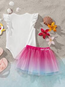 BABY SHARK X SHEIN Baby Girl Cartoon Cute Yellow Shark Heart Graphic White Casual Short Sleeve Bodysuit And Pink Mesh Cute Mini Skirt Set - Multicolor - View 2