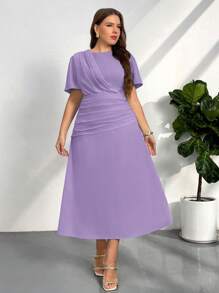 Firerie Đầm xòe nhún bèo nhún cho nữ mùa xuân/hè cỡ lớn, đầm công sở thanh lịch, rộng rãi, tay ngắn, thích hợp đi nghỉ/đi làm - Màu tím hoa cà - Xem 7