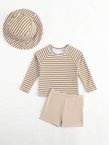 男婴条纹印花长袖泳衣套装，含泳帽，防紫外线，适合沙滩/游泳 - 彩色 - 查看 5