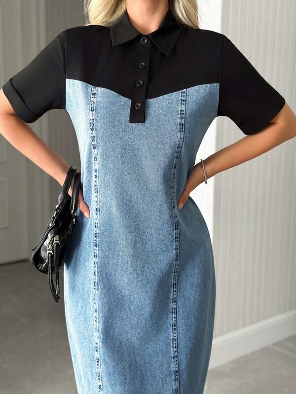 SHEIN Rochie din denim bicolor, panou superior negru, fund din denim deschis la culoare, mâneci scurte, design cu guler, stil modern color block, lungime midi, ținută casual, material din amestec de bumbac, siluetă mulată, design contemporan, perfectă pentru ținute de zi și de seară, stil urban la modă