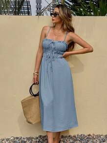 SHEIN Frenchy Đầm dài vừa phải dây mảnh màu trơn đơn giản cho kỳ nghỉ của phụ nữ - Màu xanh bụi bặm - Xem 7