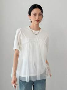FRIFUL 女士宽松圆领网眼拼布大下摆纯色T恤 - 白色 - 查看 3