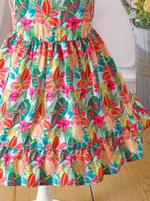 Girls Vacation Tropical Plant Print Colorful Bow Decor Dress, Suitable For Beach Trip And School Vintage Dresses For Girls Vintage Girls Dress Girls Summer Clothes Dress Girls Vintage Dress Girl Clothes Summer Dresses - Multicolor - View 5
