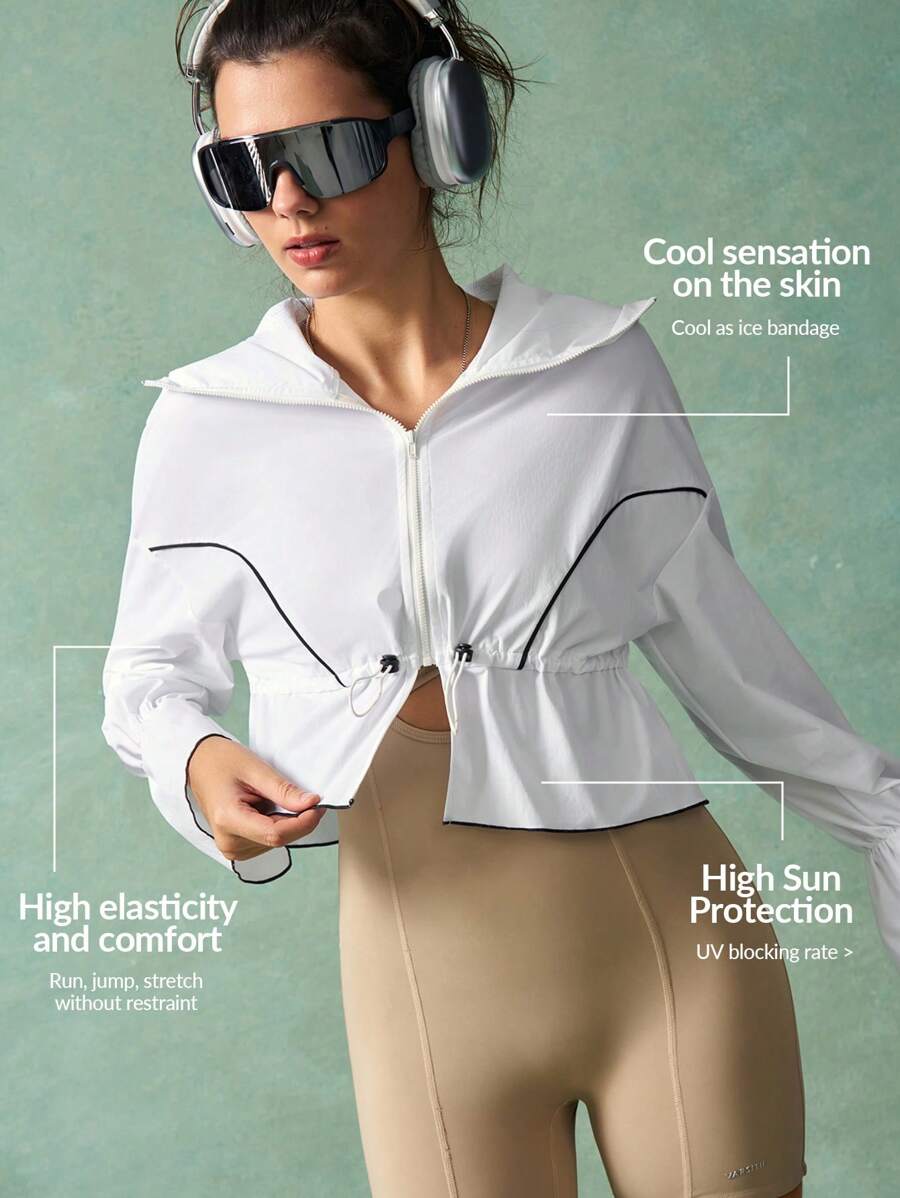 VARSIVA Chaqueta deportiva para exteriores con capucha, cintura con cordón y ribete de contraste - Blanco y Negro - Ver 1