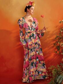 Redefinition Frida Kahlo X SHEIN X Designer 花卉图案 V 领荷叶边泡泡袖长袖纽扣 A 字形飘逸长裙夏季度假 - 彩色 - 查看 6