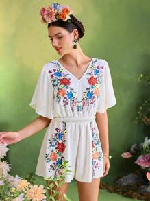 Oxana Frida Kahlo X SHEIN X Designer 花卉印花 V 领飘逸短袖波西米亚风女式度假连体裤 - 彩色 - 查看 9