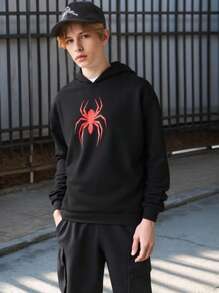 Teen Boy Spider Graphic Print Sweatshirt, Casual Pullover Sweatshirt Chic For Autumn/Winter Fall - Black - View 3