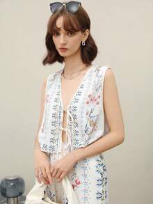 EMERY ROSE 2pcs Women Casual Floral Print Tied Front Sleeveless Shirt And Pants Set - Multicolor - View 6