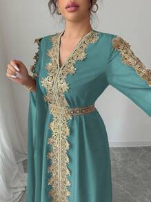 Chiquease Abaya stile mediorientale con patchwork, vestaglia con maniche extra lunghe per donna, vestito lungo con orlo in pizzo a tinta unita