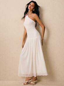 Poéselle Women Elegant Solid Color One Shoulder Contrast Lace White Sleeveless Dress - Apricot - View 6