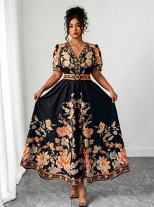 SHEIN CURVE+ فستان نسائي عصري ملائم لأحجام كبيرة من 5XL إلى 8XL، ذو ياقة على شكل حرف V وأكمام قصيرة، مع تحديد الخصر، مطبوع بطبعات بوهيمية لعطلة شاطئ تايلاند والمالديف، مناسب للربيع والصيف - متعدد الألوان - مشاهدة 4