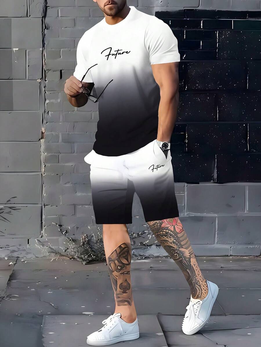 Manfinity Homme Men's Gradient Letter Print T-Shirt And Shorts Set - Multicolor - View 1