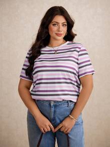 Elaquor Áo thun ngắn tay kẻ sọc màu sắc thường ngày cho kỳ nghỉ cỡ lớn mùa hè - Màu tím - Xem 5