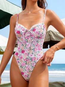 Swim Mod Costume da bagno intero per donna con stampa floreale casuale, reggiseno a balconcino push-up, fiocco davanti, vita alta, schienale incrociato, taglio alto