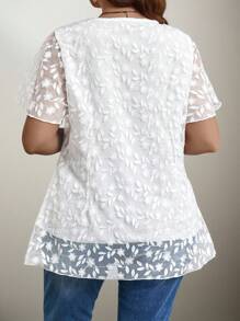 Flouryn Plus Size Women Woven Floral Print Mesh Blouse - White - View 2