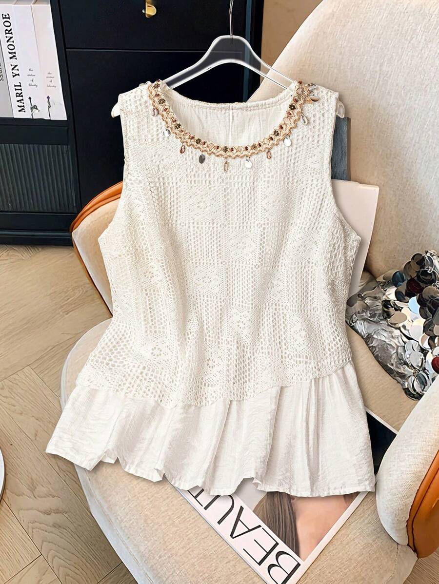 SHEIN LUNE Áo kiểu dáng thanh lịch mùa hè đi chơi vải jacquard trắng xếp chồng ruy băng sequin không tay cỡ lớn - trắng - Xem 1