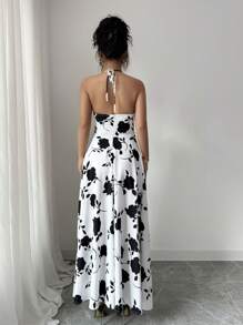 Elenzga Đầm dài hở lưng in họa tiết đơn giản thời trang cho nữ cổ buộc - Đen và trắng - Xem 2