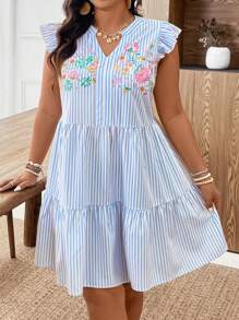 Weeklong Plus Size Women Striped & Floral Print Elegant Sweet Casual Commute V-Neck Ruffle Dress, Spring Dress - Blue and White - View 5