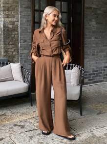 Livesso Combinaison ample d'été pour femme avec col, poches et taille cropped