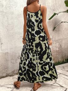 Breezaya 女士豹纹无袖连衣裙，休闲度假长裙，度假海滩装 - 軍綠色 - 查看 2
