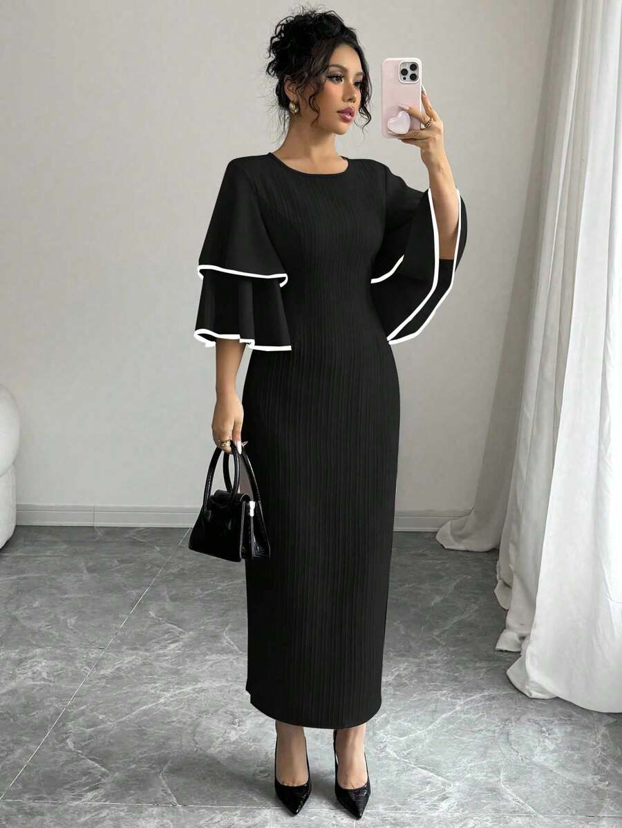 Selianne Đầm midi tay bèo nhún eo cho nữ - màu đen - Xem 1