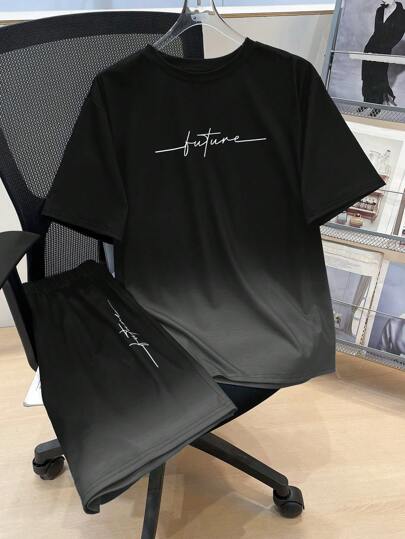 SHEIN Set de 2 piezas para adolescentes varones con camiseta de manga corta y pantalones cortos en color degradado, conjunto informal tipo streetwear punk rock para escuela, diario, fiesta, festival de música, apropiado para primavera/verano, estampado en negro y verde