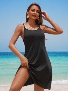 Swim Lushoire Women's Summer Beach Vacation Spaghetti Strap Hollow Back Waist Trim Dress With Coverup - Black - View 3