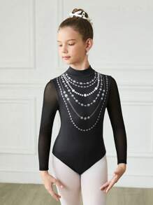 SHEIN Bộ đồ liền thân bó sát tập luyện thi đấu thể thao dài tay cho bé gái tuổi mới lớn, in họa tiết màu đen, co giãn cao thoải mái, thoáng khí - màu đen - Xem 3