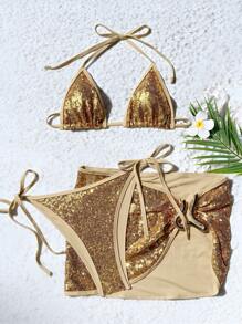 Swim SXY 3pcs Women Sparkly Bikini Set, Strappy Backless Sexy Swimsuit For Summer Beach Vacation - Gold - View 2