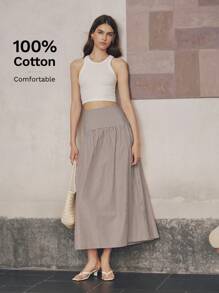 Almamuse Coffee Brown Striped Split Ruched Design Casual Beach Vacation Skirt - Coffee Brown - View 2