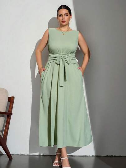 Chikora 大码女式优雅无袖系带中长连衣裙，新娘妈妈连衣裙，夏季时尚夏季