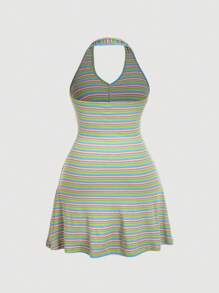 SHEIN MOD Dopamine Colored Stripe Front Button Decoration Scoop Neck Fitted Stretchy Bodycon Dress - Green - View 2