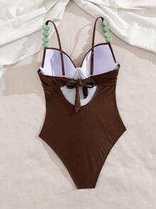 Swim Chiccia 闪亮纯色聚拢泳衣，带不可拆卸衬垫钢圈，前部可调节肩带，优雅适合海滩、泳池、派对，撞色装饰连体比基尼，适合女士 - 棕色 - 查看 2