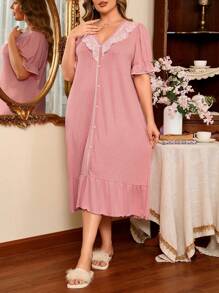 Camisón elegante y romántico con adorno de encaje francés para tallas grandes - Rosado Sandía - Ver 5