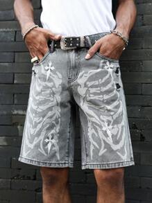 PAVTROS Manfinity Streetrush Men's Casual Washed Bone Skeleton & Cross Embroidery Denim Shorts