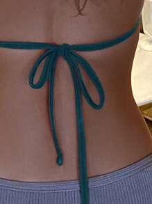 Swim Basics 纯色颈部系带露背比基尼上衣 - 青碧色 - 查看 4