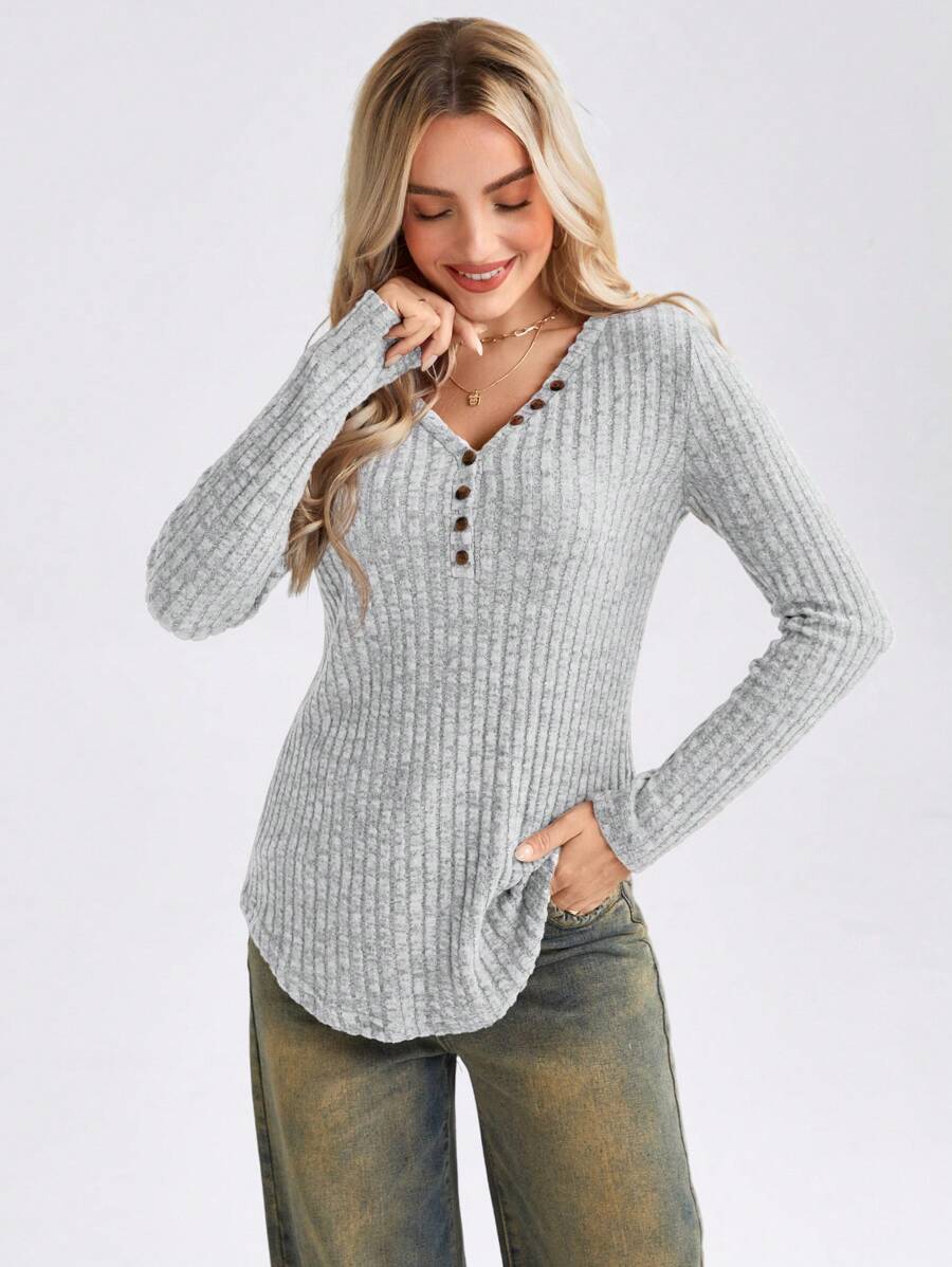 SHEIN LUNE Button Detail Ribbed Knit Tee - Grey - View 1