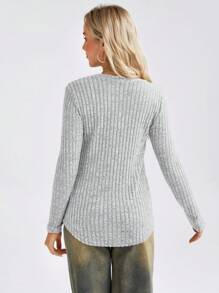 SHEIN LUNE Button Detail Ribbed Knit Tee - Grey - View 4