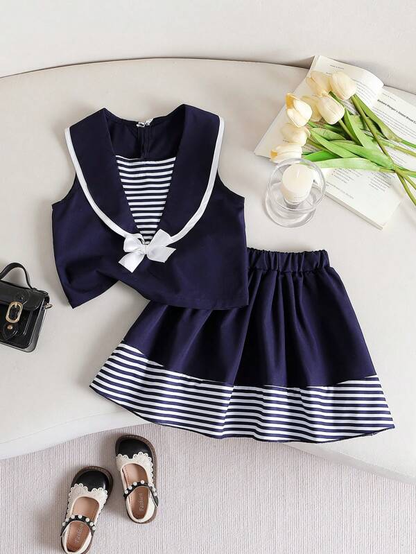 4-7 Years Old Girls Summer Casual College Style Classic Striped Print Bow Decor Sleeveless Top And Skirt 2 Pieces Set School Girl Outfit Young Girls Sets Kids Clothes Girls Cute Uniform Style