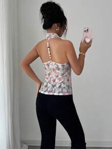 Elenzga Women Rose Floral Print Lace Back Pearl Decor Halter Neck Top - Multicolor - View 3
