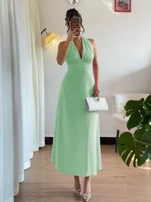 Islaluna Women's Sexy Solid Color Backless Dress, Summer - Mint Green - View 7