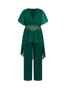 SHEIN Clasi Plus Size Elegant Floral Embroidered Shirt And Pants 2 Pieces Set, Summer - Dark Green - View 12