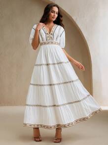 Anewsta Đầm Maxi Resort Tay Ngắn Cổ Chữ V Màu Trắng Cho Nữ - trắng - Xem 5