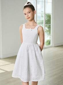 SHEIN Váy ba lê vải tuyn trắng cho bé gái tuổi teen, váy nhiều lớp thêu rỗng dệt, váy thắt eo có dây kéo phía sau, phong cách sinh viên thành thị thanh lịch và thoải mái, giản dị ngoài trời - trắng - Xem 6