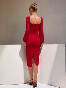 RueChic Women Elegant Dress, Mesh Fabric Patchwork, Bodycon Shape - Red - View 2