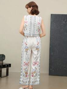 EMERY ROSE 2pcs Women Casual Floral Print Tied Front Sleeveless Shirt And Pants Set - Multicolor - View 5